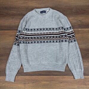 Cavallini Vintage Mens Gray Cable Knit Fair Isle Crewneck Sweater Retro Preppy